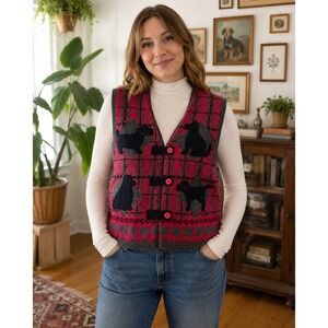 Bellepointe Vintage Red Plaid Dog Applique Knit Sweater Vest Womens Medium